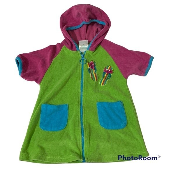 Okie Dokie Colorblock Hooded Short Sleeve Full Zip Jacket Coat Green Pink Size 2 - Picture 1 of 3